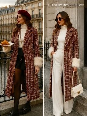 Burgundy Tweed Dress Coat with Cream Fur Cuffs Glittery